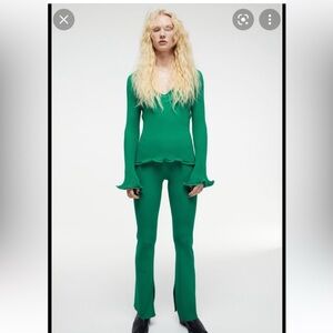 Green Ribbed Knit Flare Pants and V-Neck Sweater Set - Women